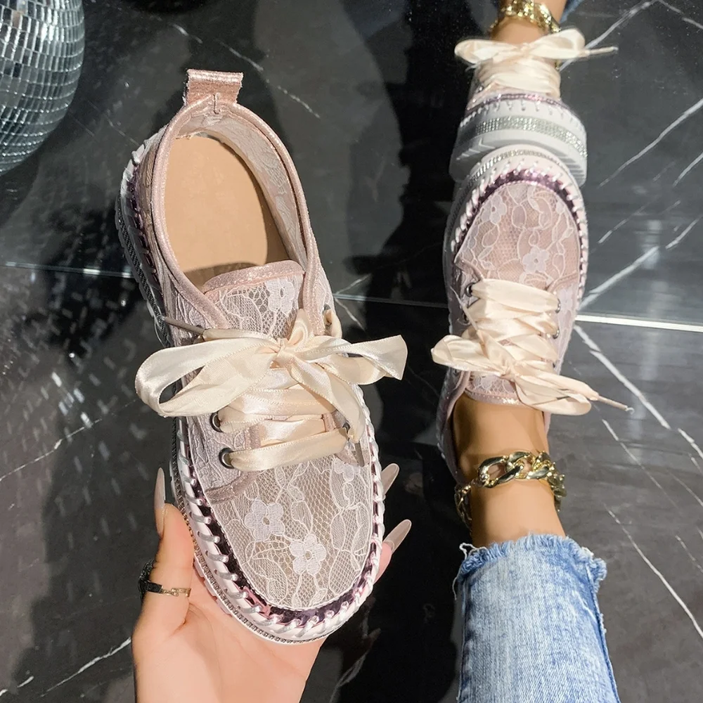 Lace Mesh Rhinestone Platform Sneakers Satin Ribbon Laces Retro Y2K Bling Shoes